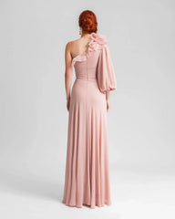 one-shoulder draped gown with voluminous sleeve – Loviee