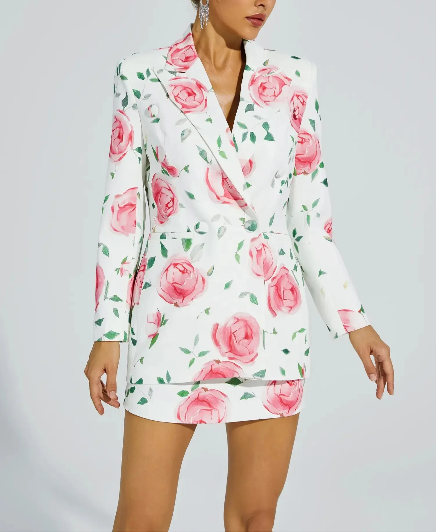 long-sleeve blazer mini dress with rose print – ELECTRA