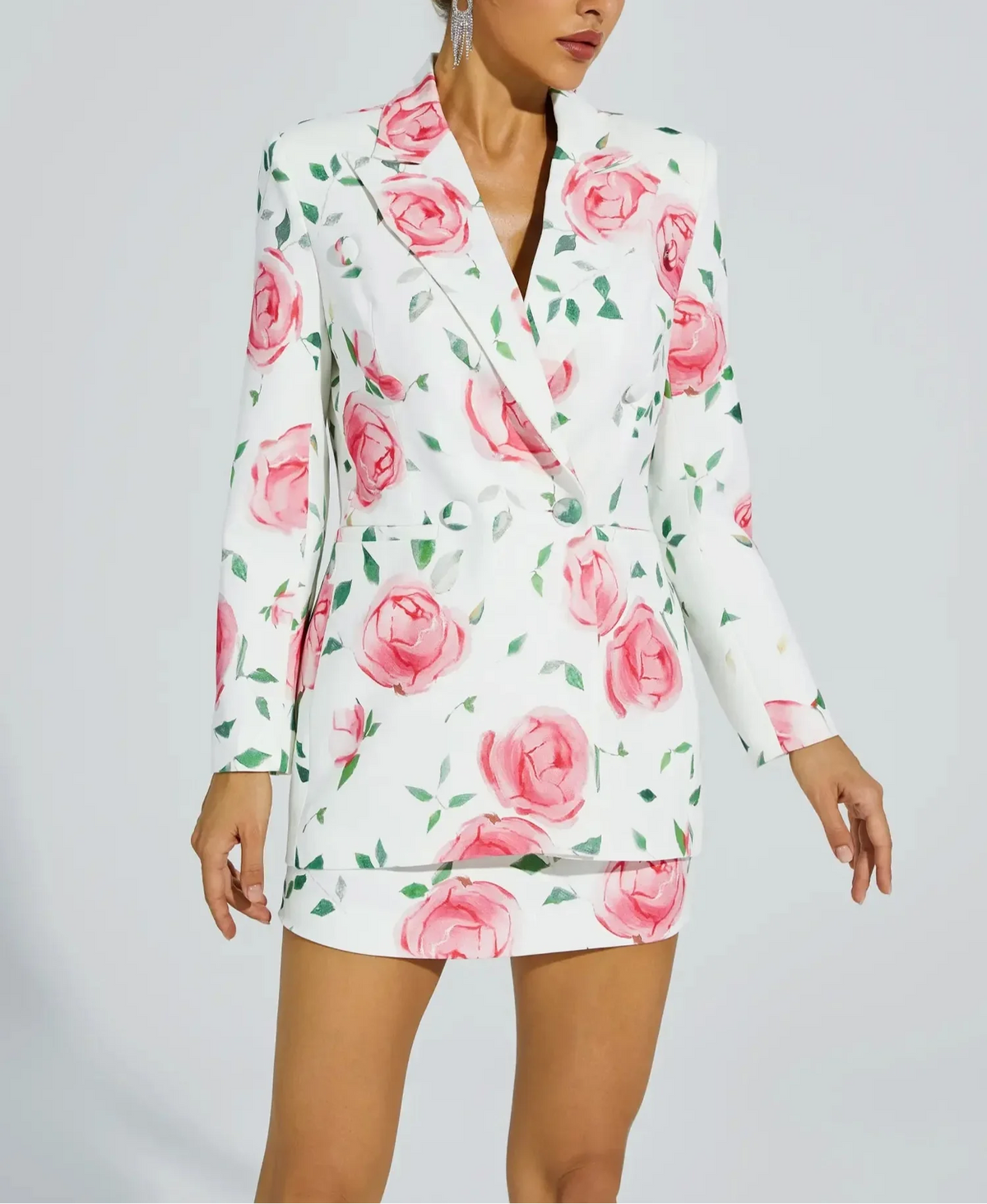 long-sleeve blazer mini dress with rose print – ELECTRA