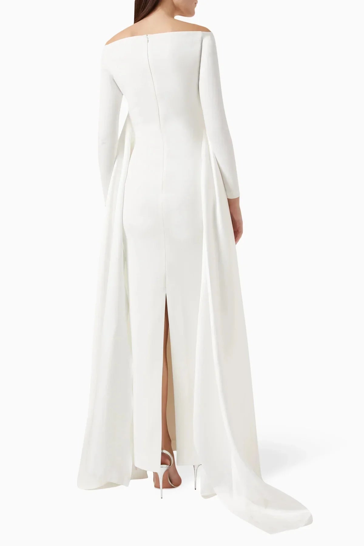 off-shoulder gown with sculpted draped train – Xalee