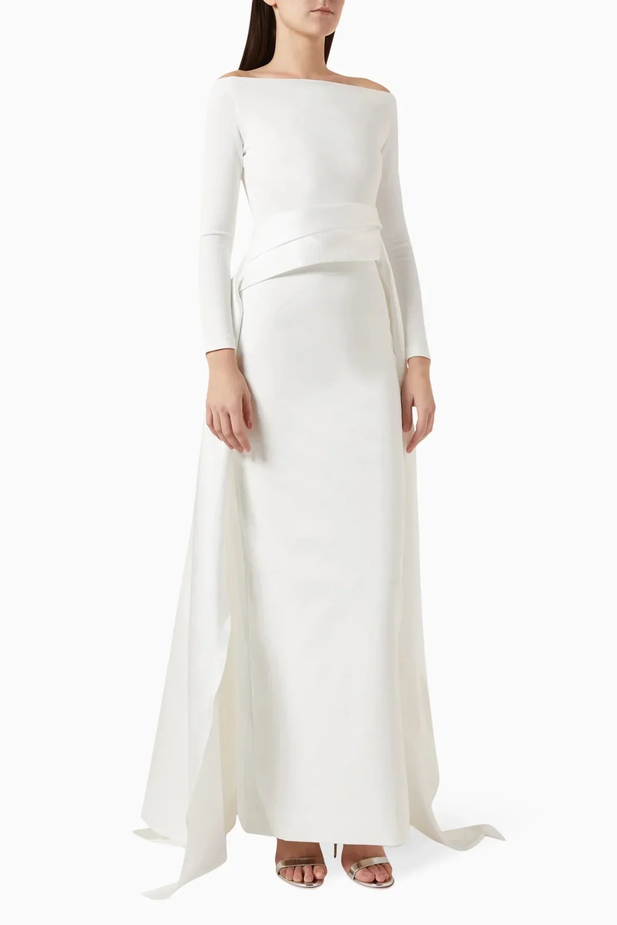 off-shoulder gown with sculpted draped train – Xalee