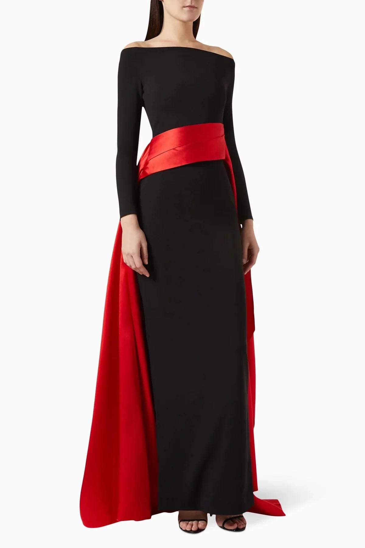 off-shoulder gown with sculpted draped train – Xalee