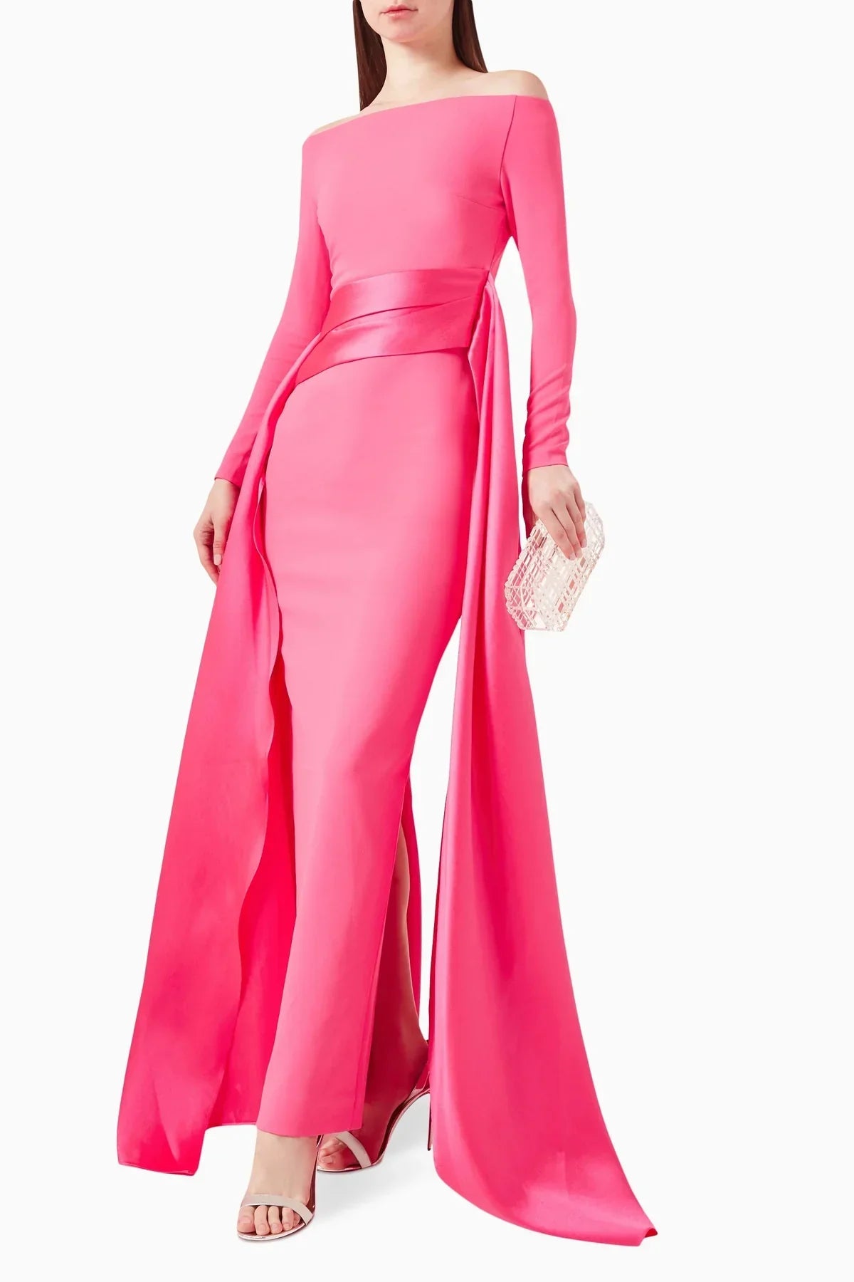 off-shoulder gown with sculpted draped train – Xalee