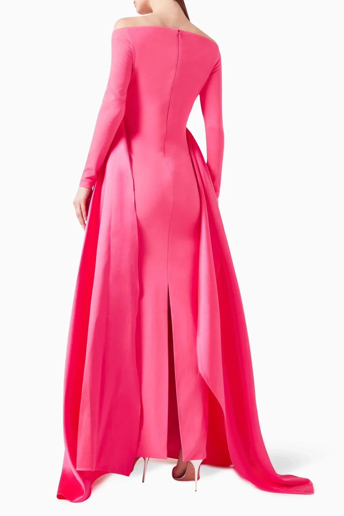 off-shoulder gown with sculpted draped train – Xalee