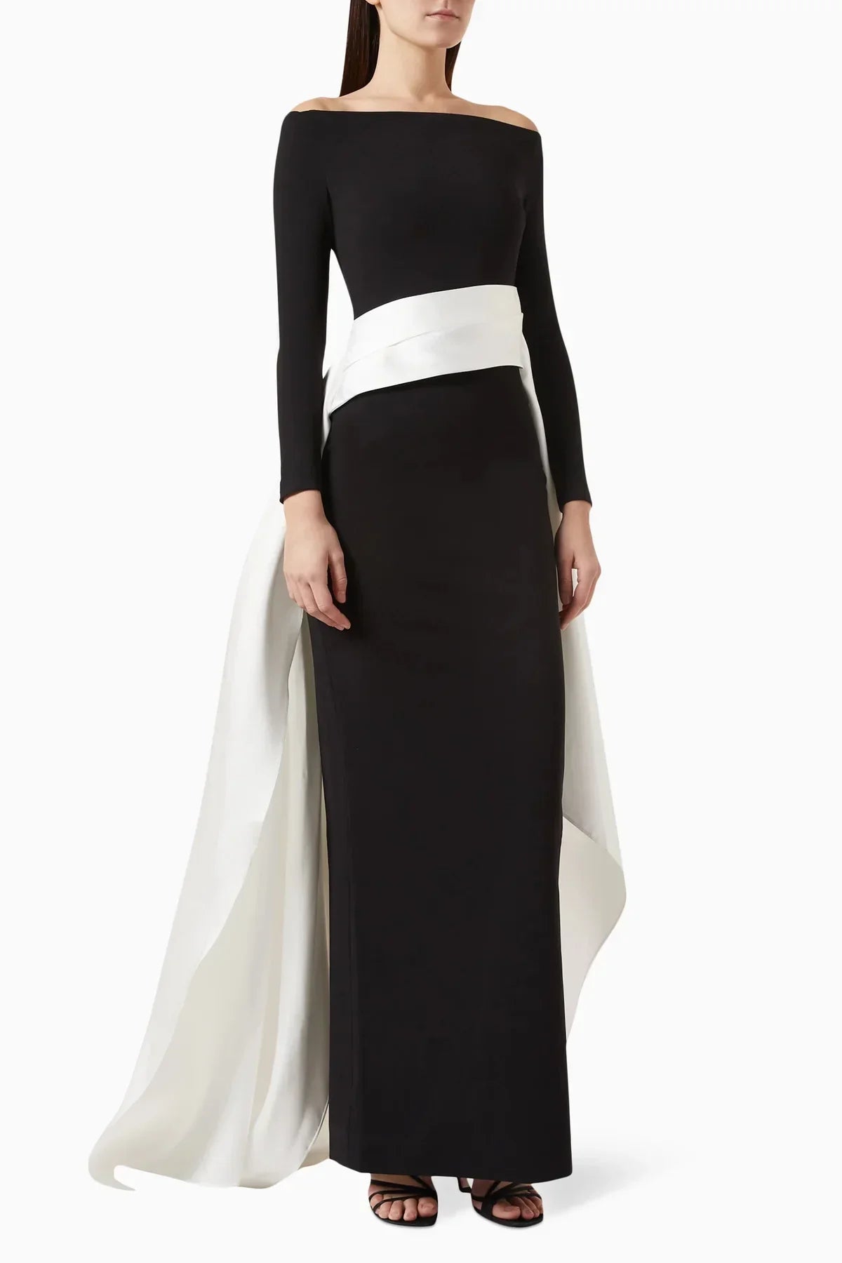 off-shoulder gown with sculpted draped train – Xalee