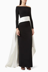 off-shoulder gown with sculpted draped train – Xalee