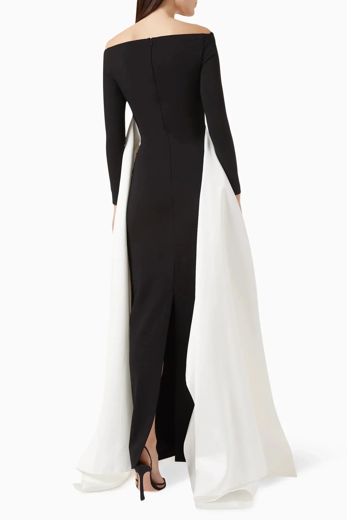 off-shoulder gown with sculpted draped train – Xalee