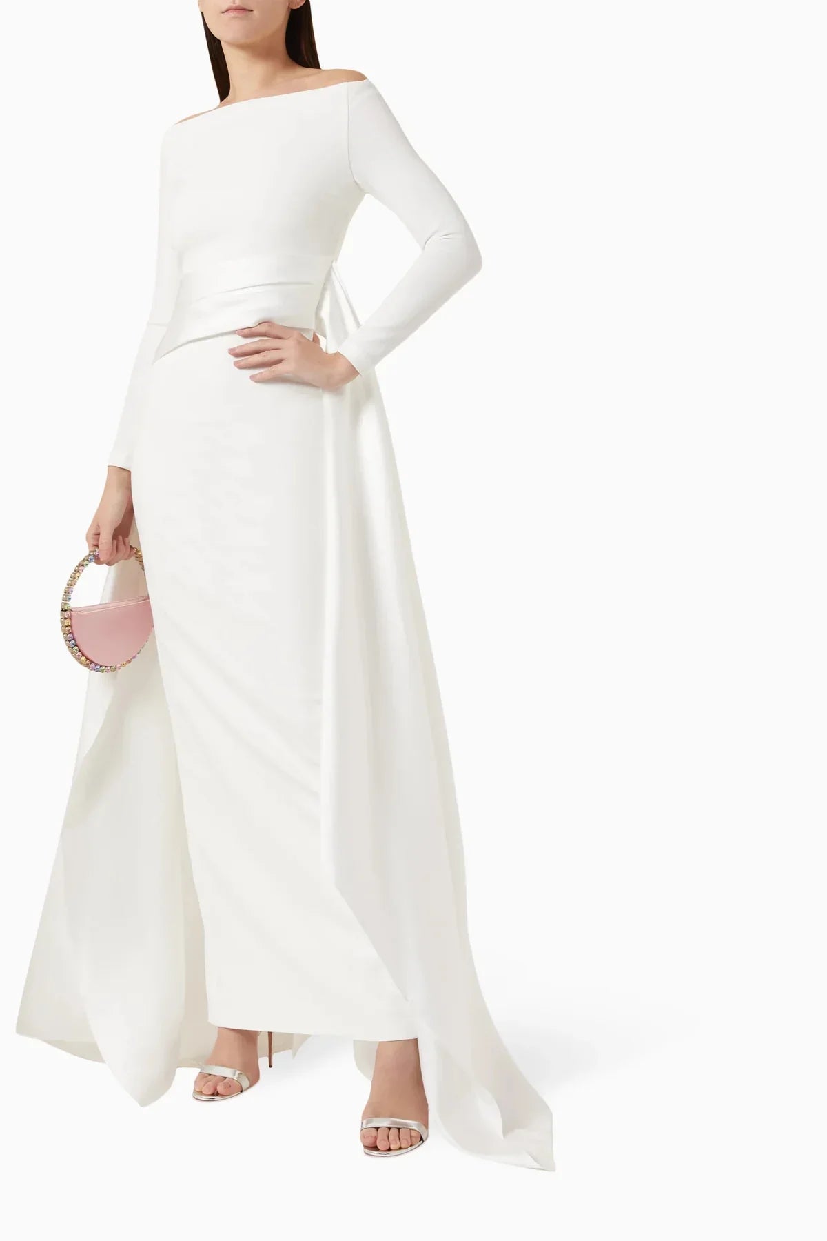 off-shoulder gown with sculpted draped train – Xalee
