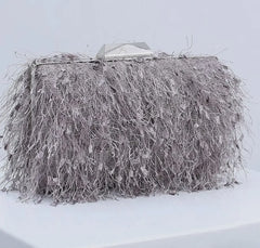Feather-embellished box clutch with gold chain strap – SCOLE