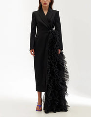 long tailored blazer dress with cascading ruffle detail - Jomali