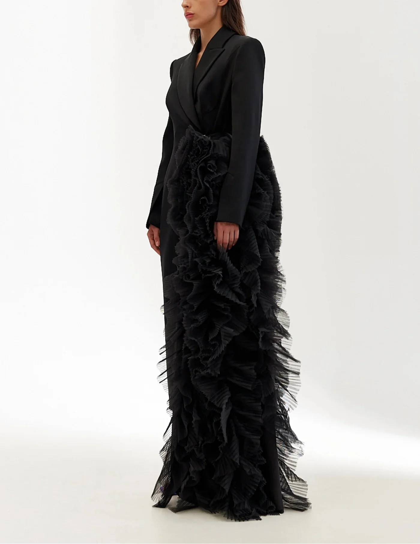 long tailored blazer dress with cascading ruffle detail - Jomali