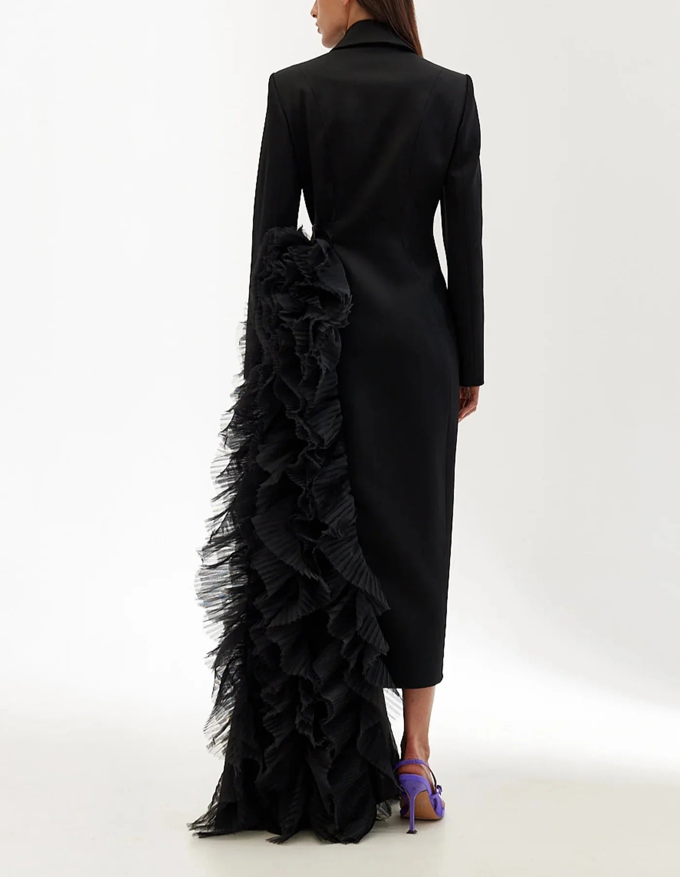 long tailored blazer dress with cascading ruffle detail - Jomali