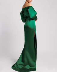 Asymmetrical satin gown with draped bodice and slit – JADE