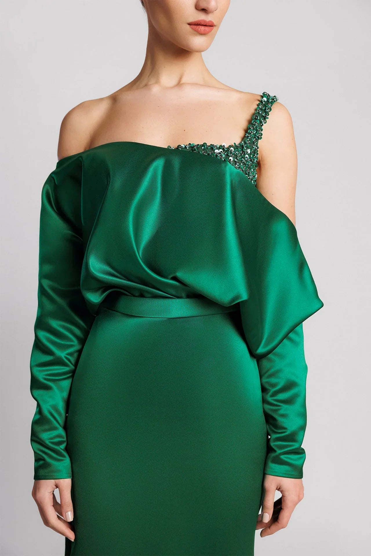 Asymmetrical satin gown with draped bodice and slit – JADE
