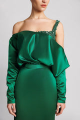 Asymmetrical satin gown with draped bodice and slit – JADE