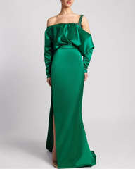 Asymmetrical satin gown with draped bodice and slit – JADE