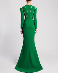 Long Sleeve Embellished Gown with Front Slit - NOIIR