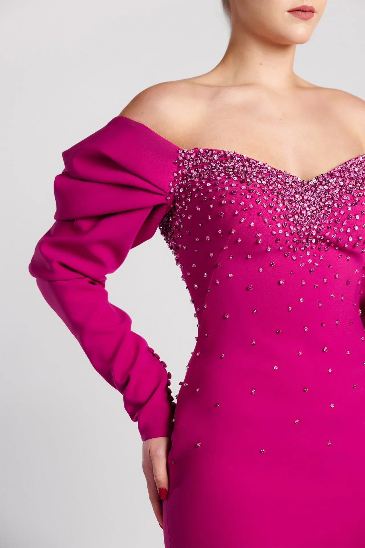 Off-the-shoulder beaded gown with statement sleeves – AUDULA
