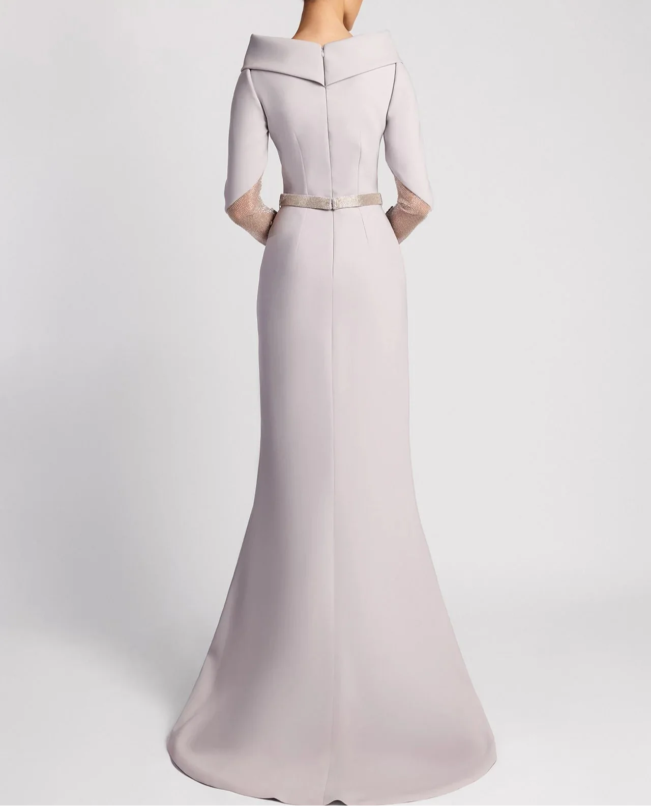 Off-shoulder gown with sheer embellished sleeves and slit – SELVI