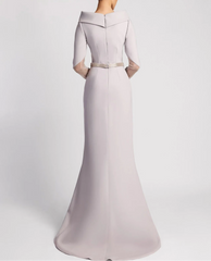 Off-shoulder gown with sheer embellished sleeves and slit – SELVI