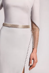 Off-shoulder gown with sheer embellished sleeves and slit – SELVI