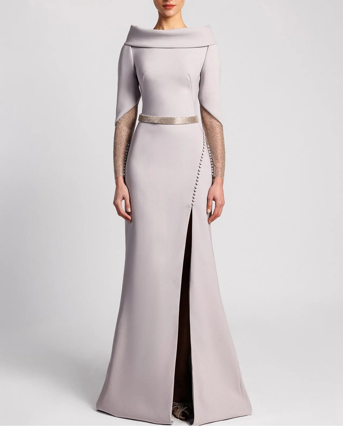 Off-shoulder gown with sheer embellished sleeves and slit – SELVI