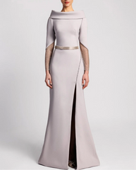 Off-shoulder gown with sheer embellished sleeves and slit – SELVI