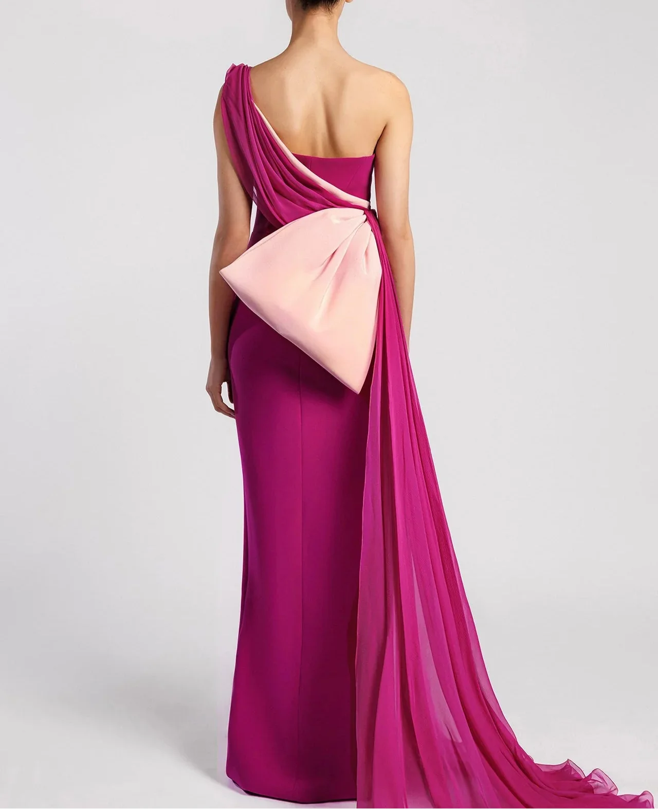 One-shoulder draped gown with chiffon train – AUSUMY