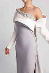 Asymmetrical column dress with structured draped sleeve – NOVII