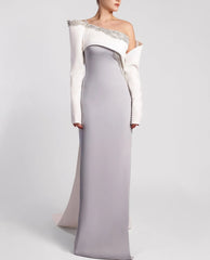 Asymmetrical column dress with structured draped sleeve – NOVII