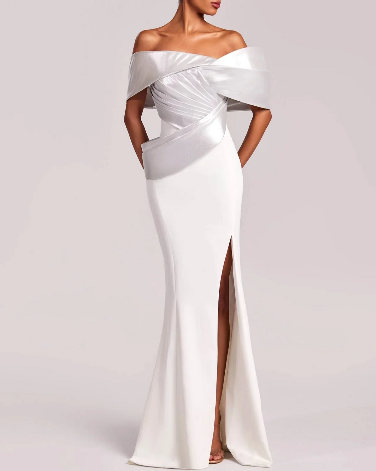 Off-shoulder column dress with metallic draped bodice – Simona