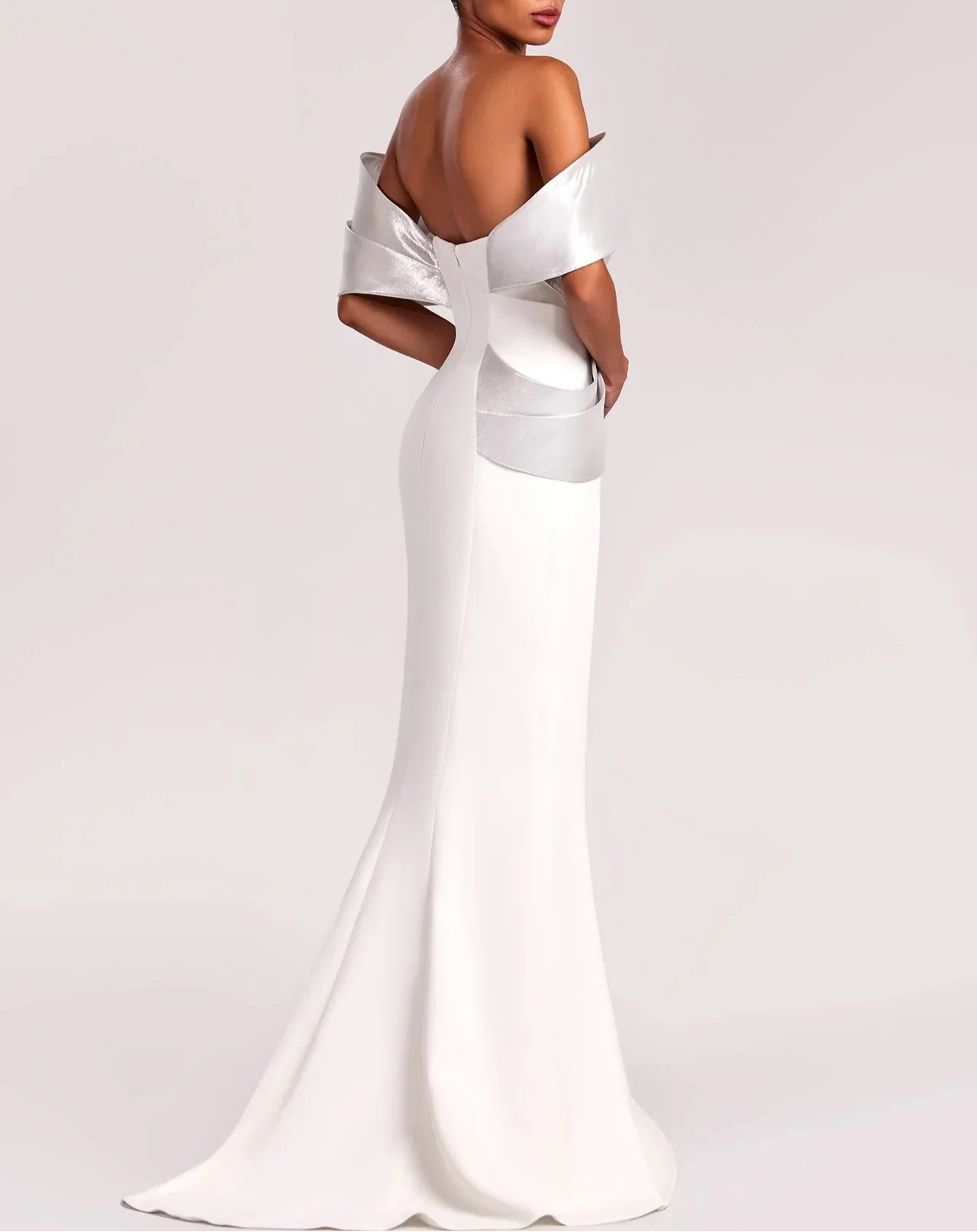 Off-shoulder column dress with metallic draped bodice – Simona