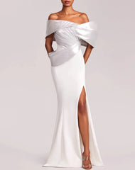 Off-shoulder column dress with metallic draped bodice – Simona