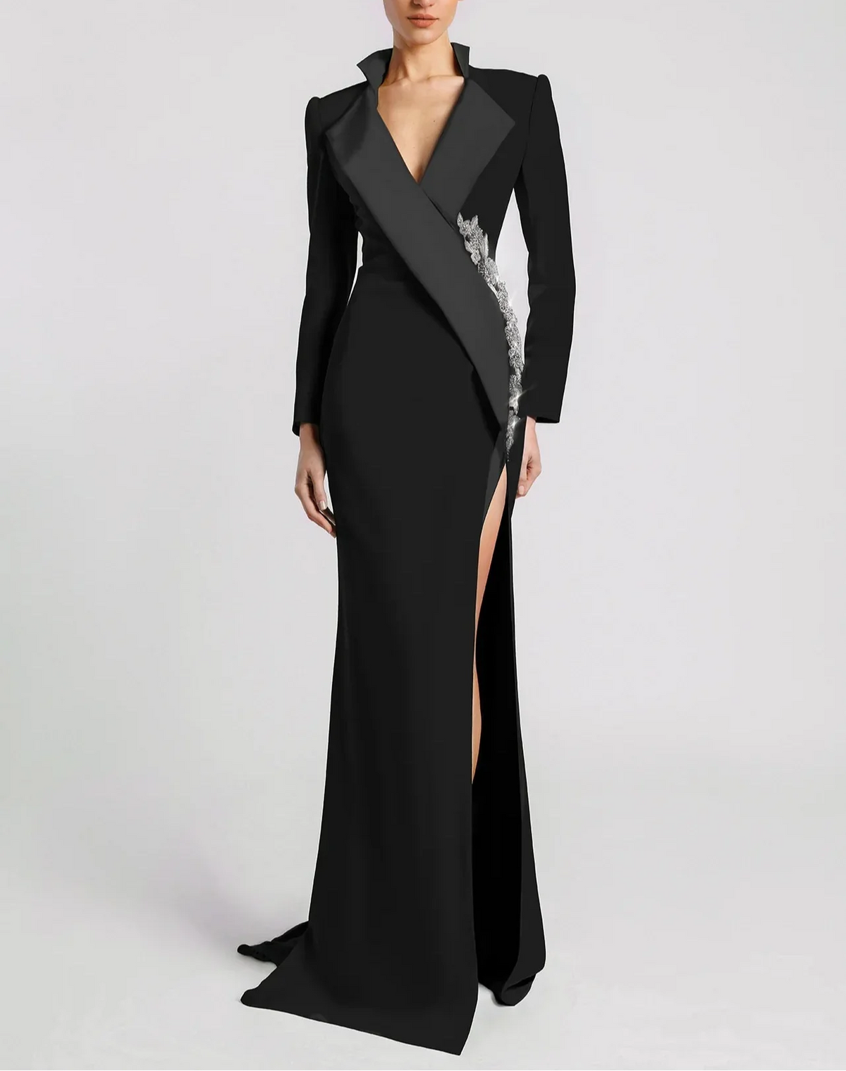 Long Sleeve Blazer-Inspired Gown with Lace Detail and Thigh Slit - VERA