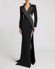Long Sleeve Blazer-Inspired Gown with Lace Detail and Thigh Slit - VERA
