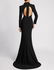 Long Sleeve Blazer-Inspired Gown with Lace Detail and Thigh Slit - VERA