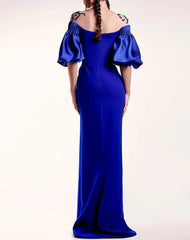 Off-the-shoulder column dress with beaded illusion neckline - SAPPHIRER