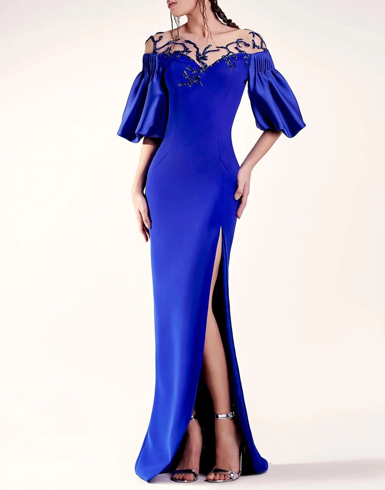 Off-the-shoulder column dress with beaded illusion neckline - SAPPHIRER