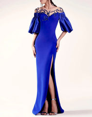 Off-the-shoulder column dress with beaded illusion neckline - SAPPHIRER