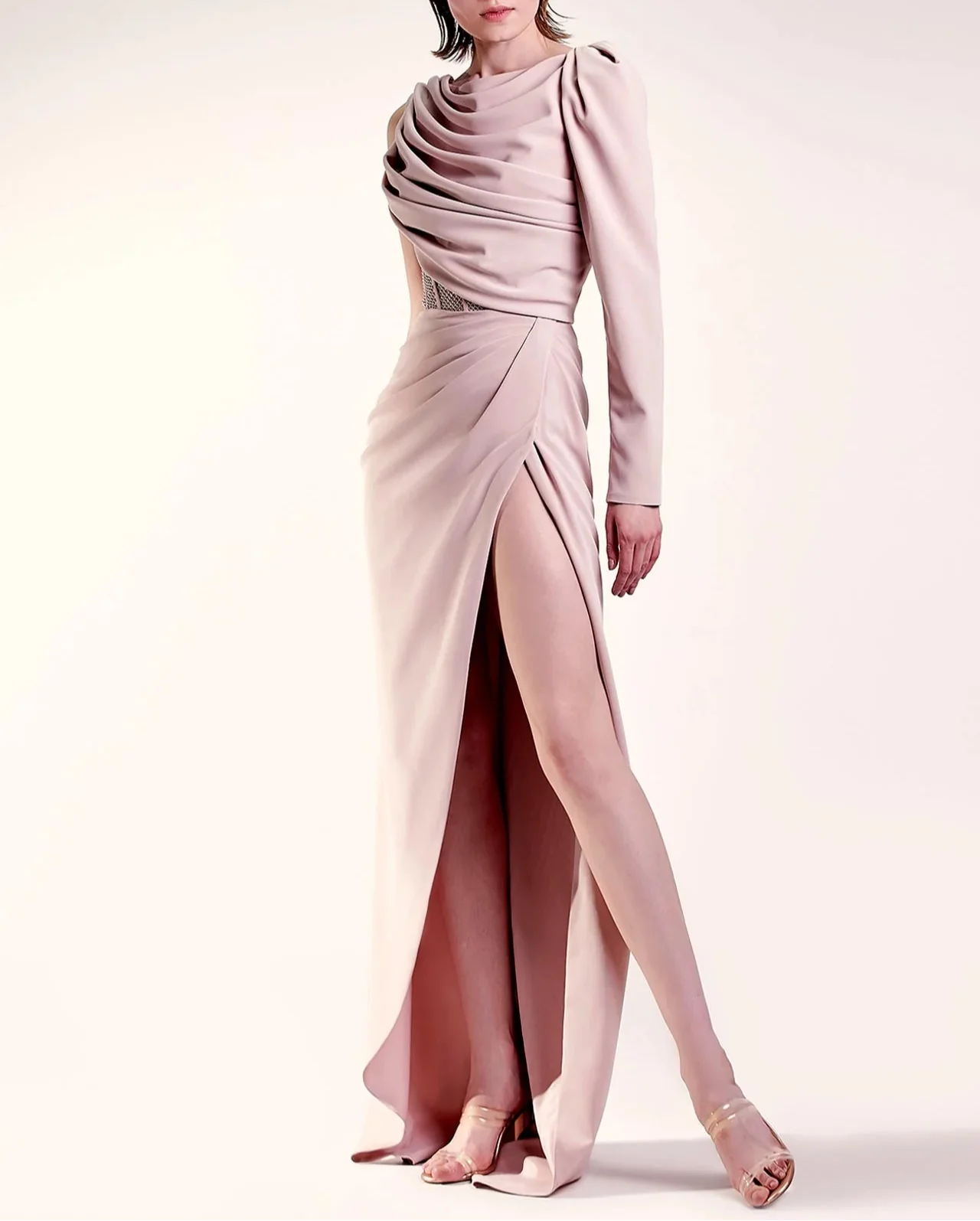 Draped long-sleeve gown with high slit - Lesidi