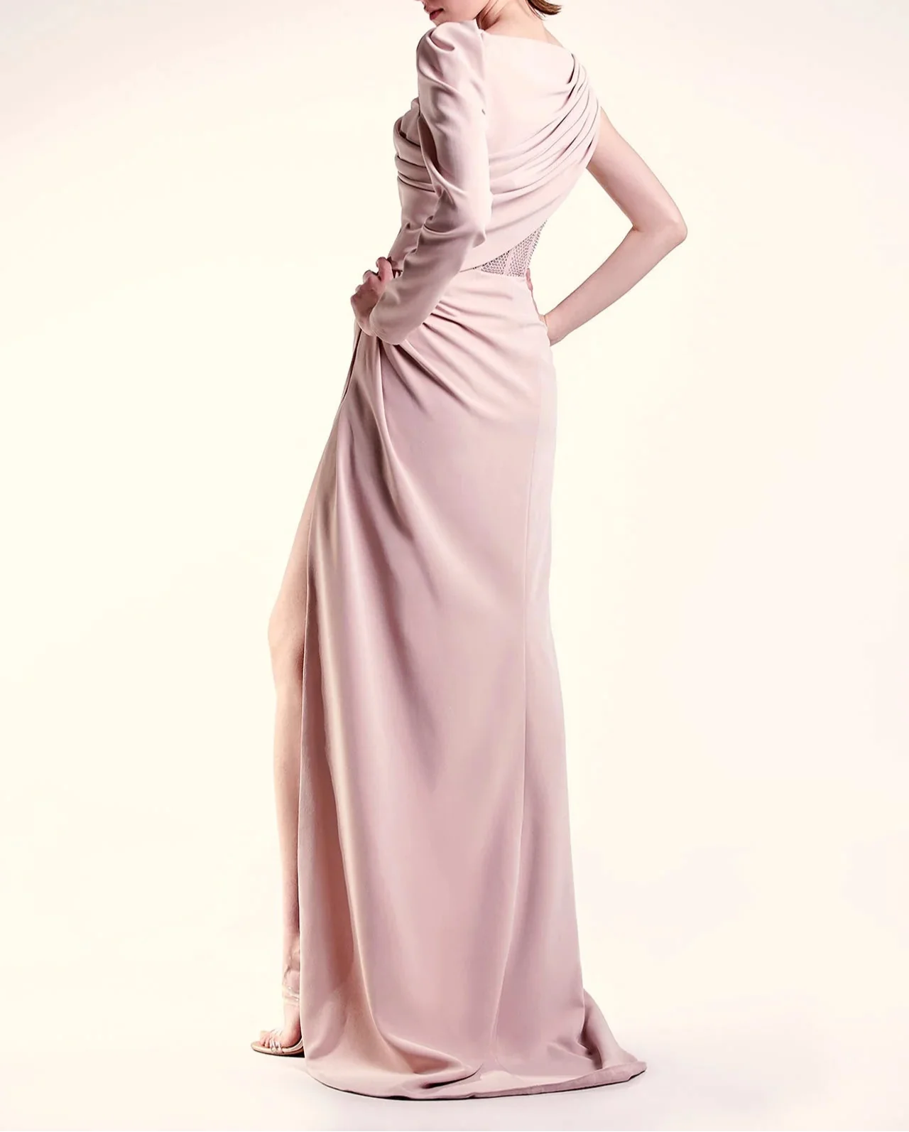 Draped long-sleeve gown with high slit - Lesidi