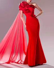 One-shoulder mermaid dress with sculpted bodice and chiffon cape - SCARLEN