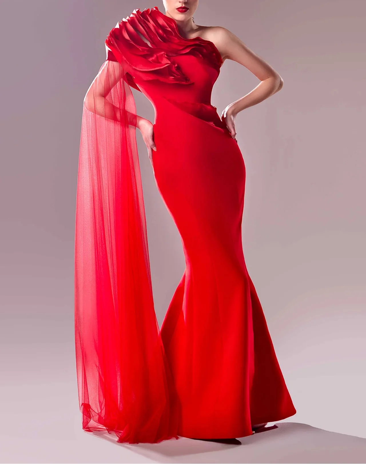 One-shoulder mermaid dress with sculpted bodice and chiffon cape - SCARLEN