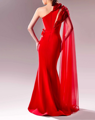One-shoulder mermaid dress with sculpted bodice and chiffon cape - SCARLEN