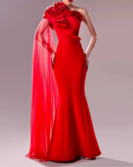 One-shoulder mermaid dress with sculpted bodice and chiffon cape - SCARLEN