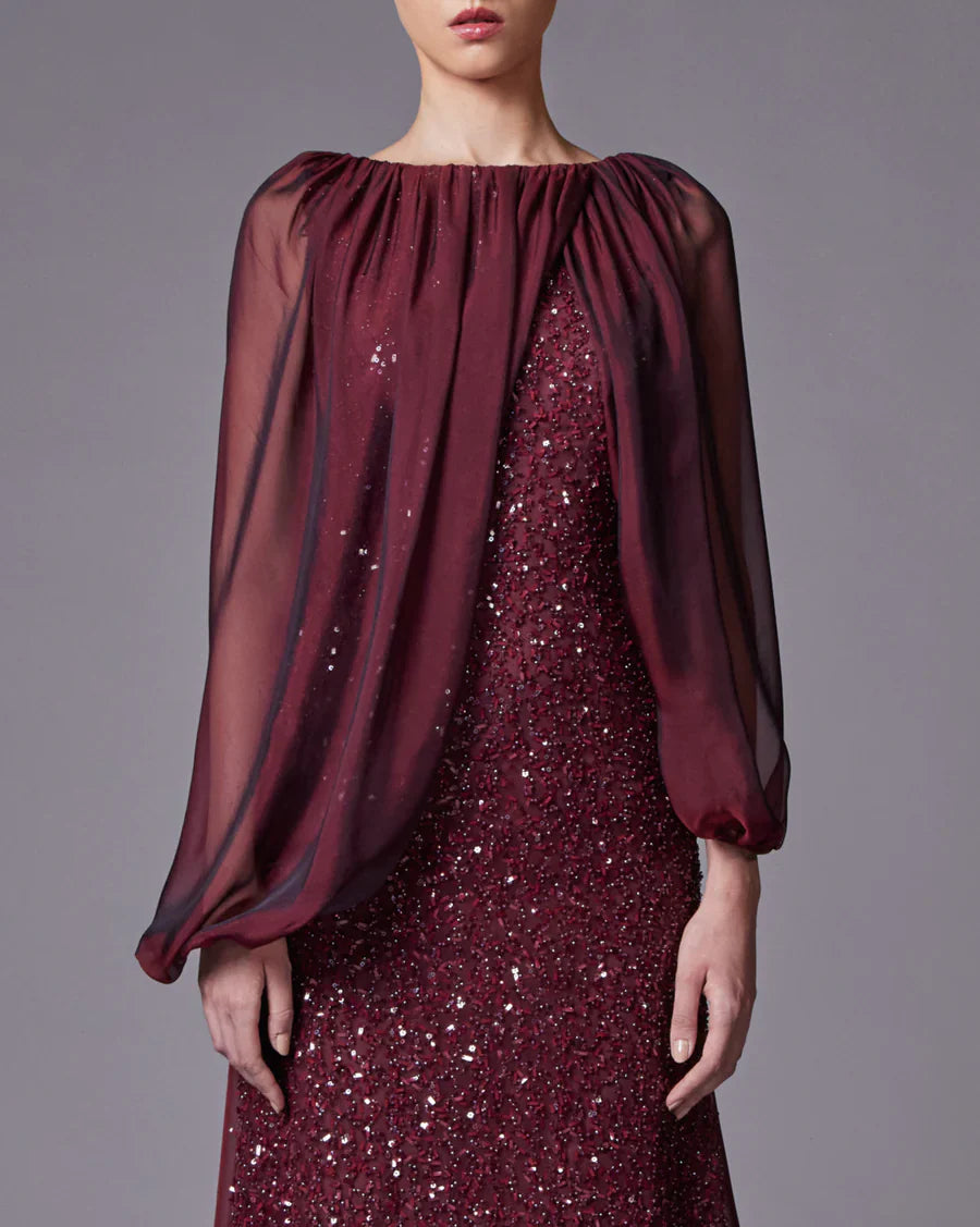 Sequined gown with chiffon cape overlay – Norin
