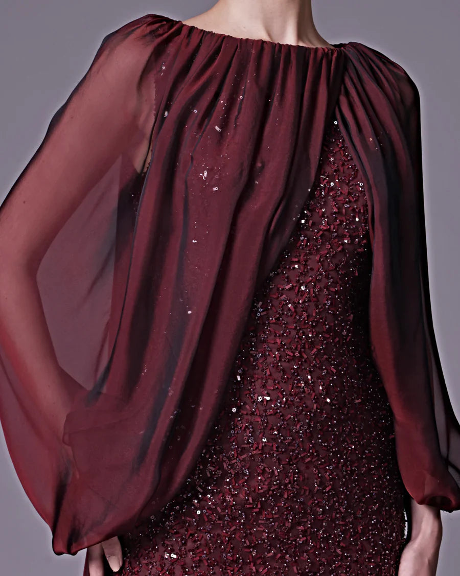 Sequined gown with chiffon cape overlay – Norin