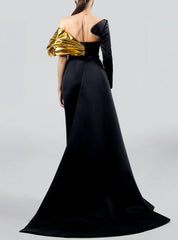 Asymmetrical gown with sculpted neckline and metallic accent – AUMASA