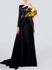 Asymmetrical gown with sculpted neckline and metallic accent – AUMASA