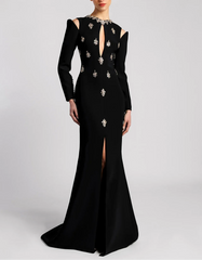 Long Sleeve Embellished Gown with Front Slit - NOIIR